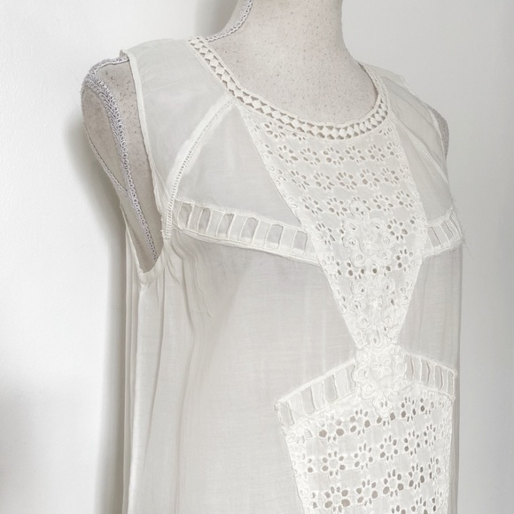 FREE PEOPLE WHITE SLEEVELESS EMBROIDERED EYELET CHIFFON PANEL TUNIC TANK TOP - S - Picture 4 of 9